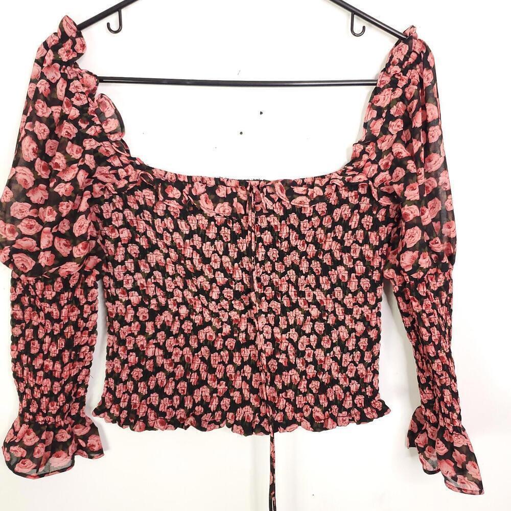 ACOA Womens Top Small Off Shoulder Feminine Dark FLorals Milkmaid Fully Smocked